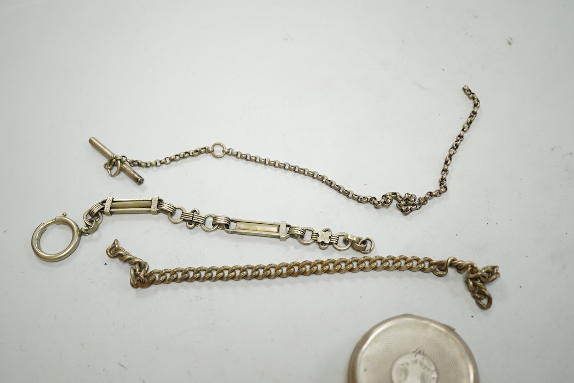 A late Victorian silver 'Improved Patent' open faced pocket watch, with Roman dial and subsidiary seconds, together with four other silver or white metal pocket/fob watches and three base metal chain sections.
